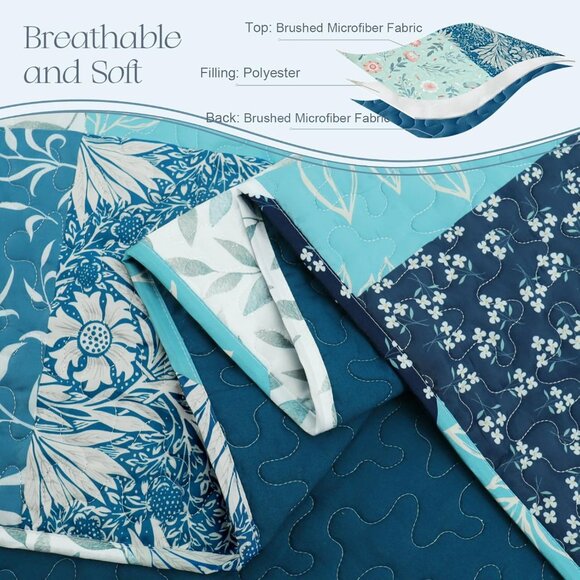 New Blue Floral Patchwork Reversible 3-Piece Bedding Quilt Set • QUEEN - Picture 5 of 5